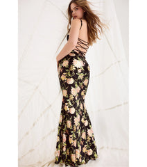 Drea Floral Velvet Burnout Lace-Up Mermaid Dress