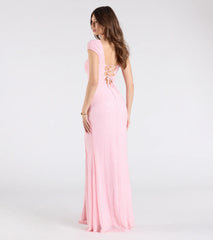 Greta Short Sleeve Lace-Up Slit Beaded Formal Dress