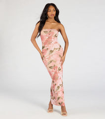 Major Beauty Floral Satin Strapless Maxi Dress