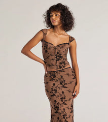 Romantic Aura Flocked Floral Mesh Bustier Top
