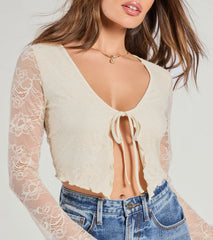 Soft And Sweet Tie-Front Split Lace Crop Top