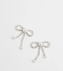 Perfect Glamour Faux Pearl Rhinestone Bow Earrings