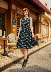 Vintage Style Midi Dress Peacock Feathers