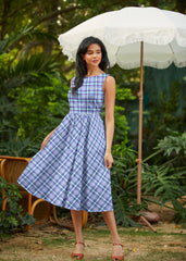 50s Style Cotton Midi Swing Dress - Plaid Blue