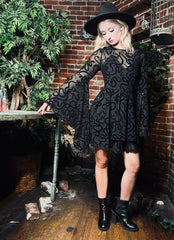 Severine - Velvet Snake Flocked Mini Dress with Witchy Bell Sleeves