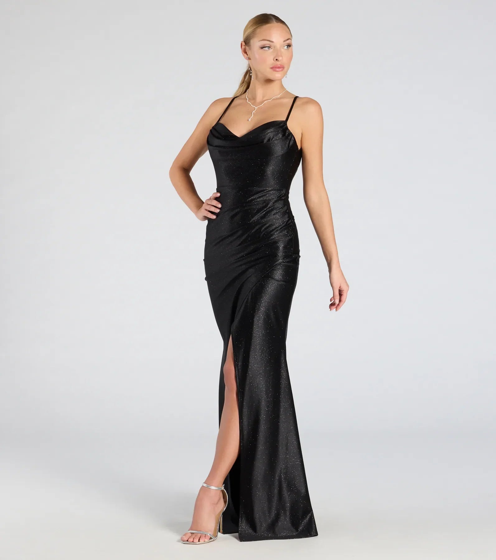 Joyce Open Back Wrap Bodycon Glitter Formal Dress