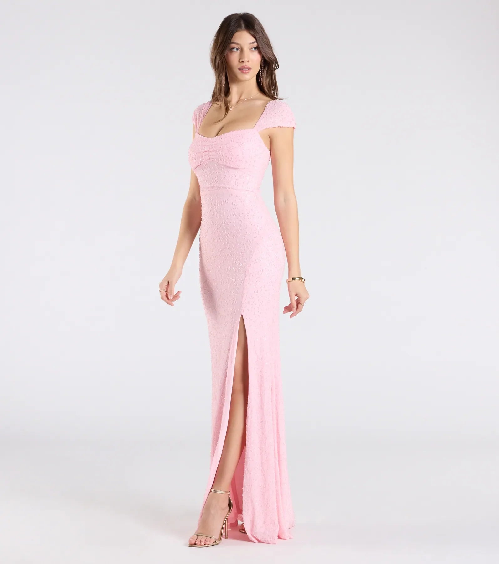 Greta Short Sleeve Lace-Up Slit Beaded Formal Dress