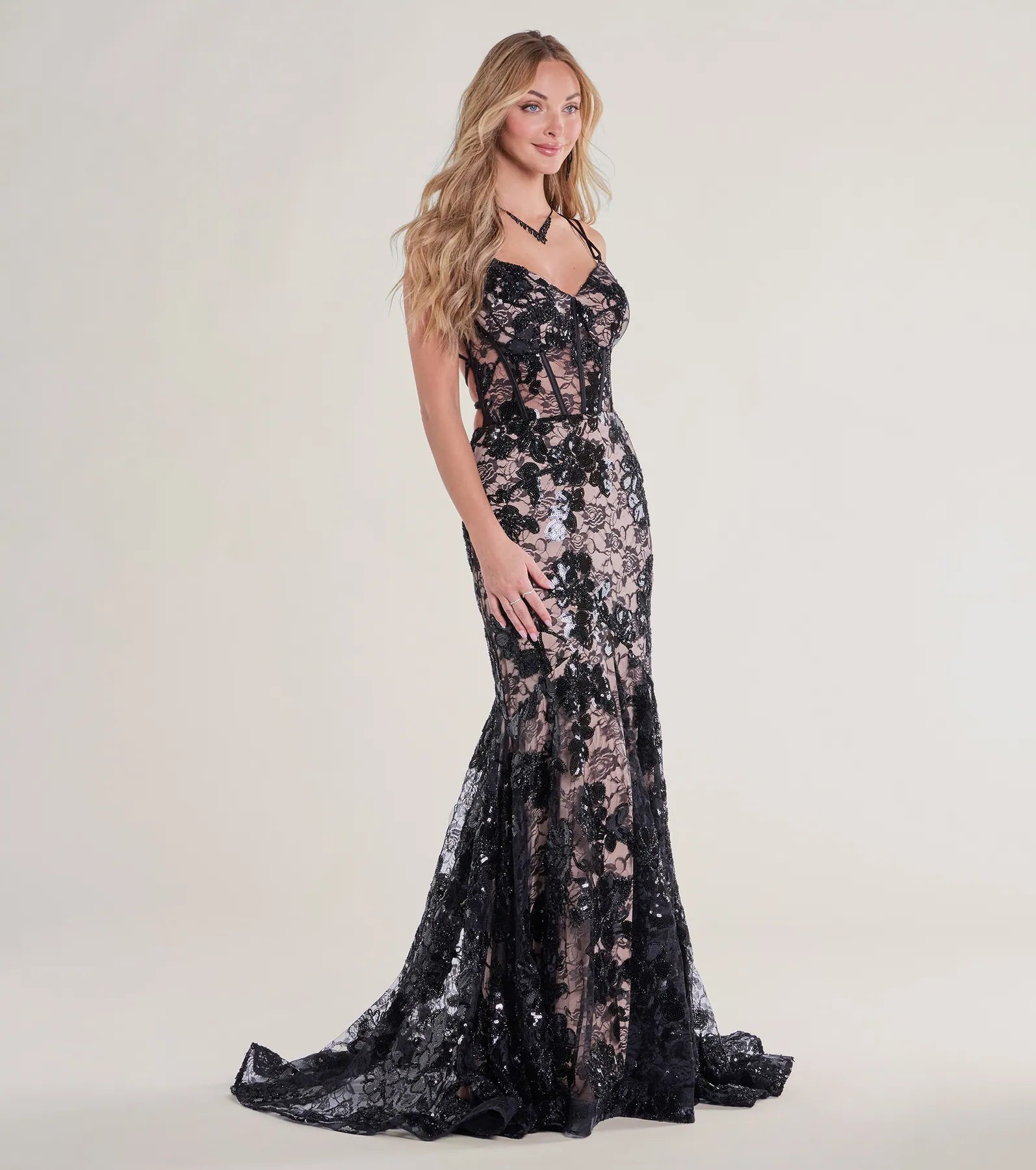 Daniella Bustier Lace-Up Lace Sequin Mermaid Gown