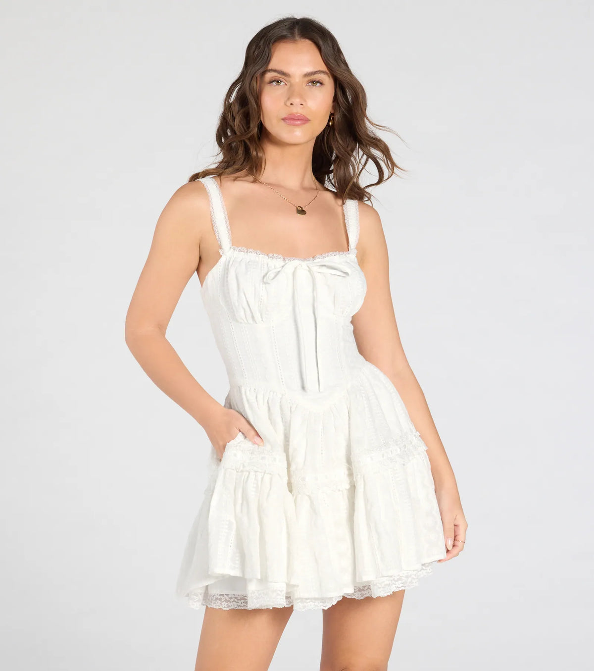 Playful Flirt Lace-Up Ruffle Skater Dress