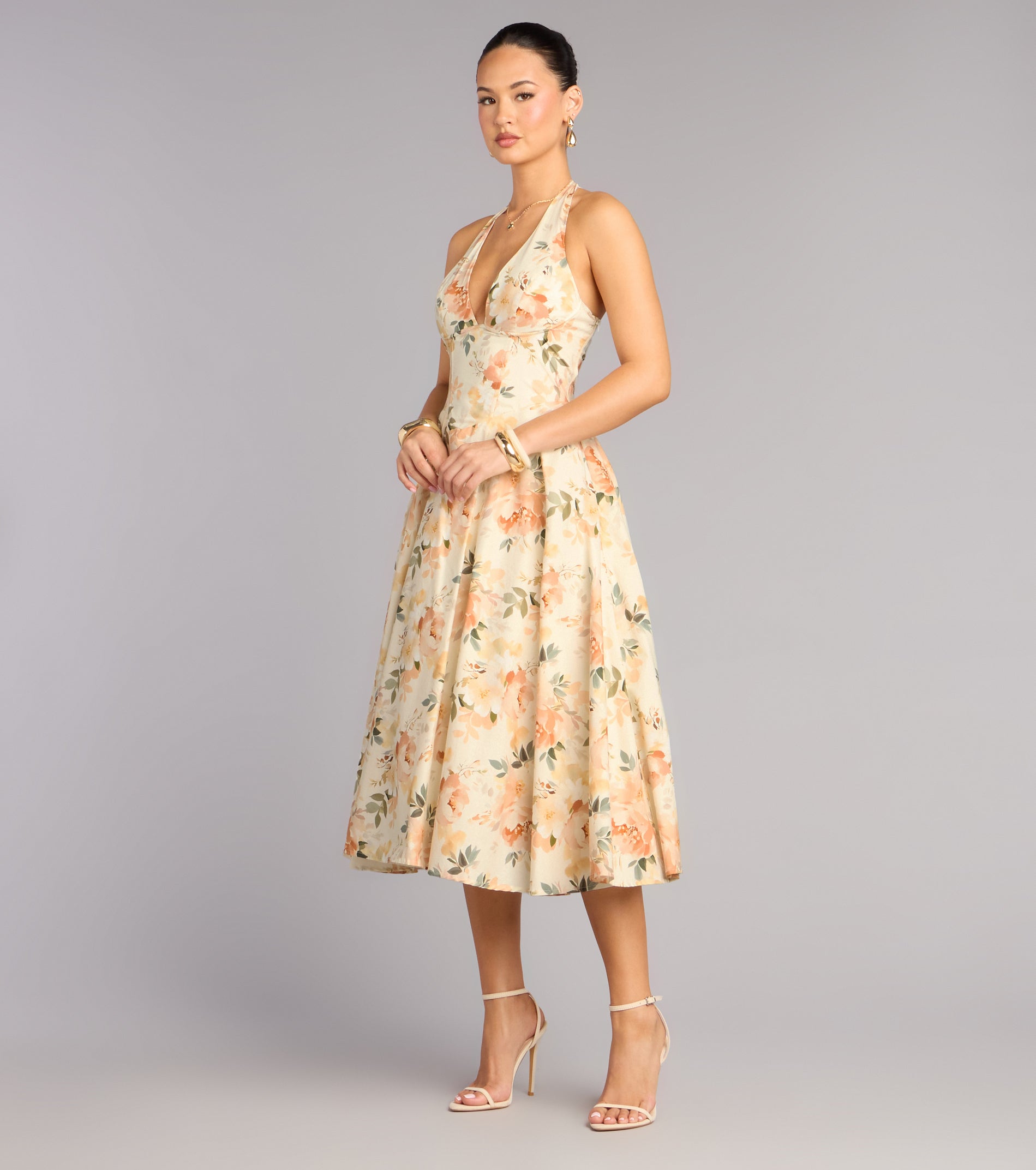 Set For Spring Halter Corset Floral Midi Dress