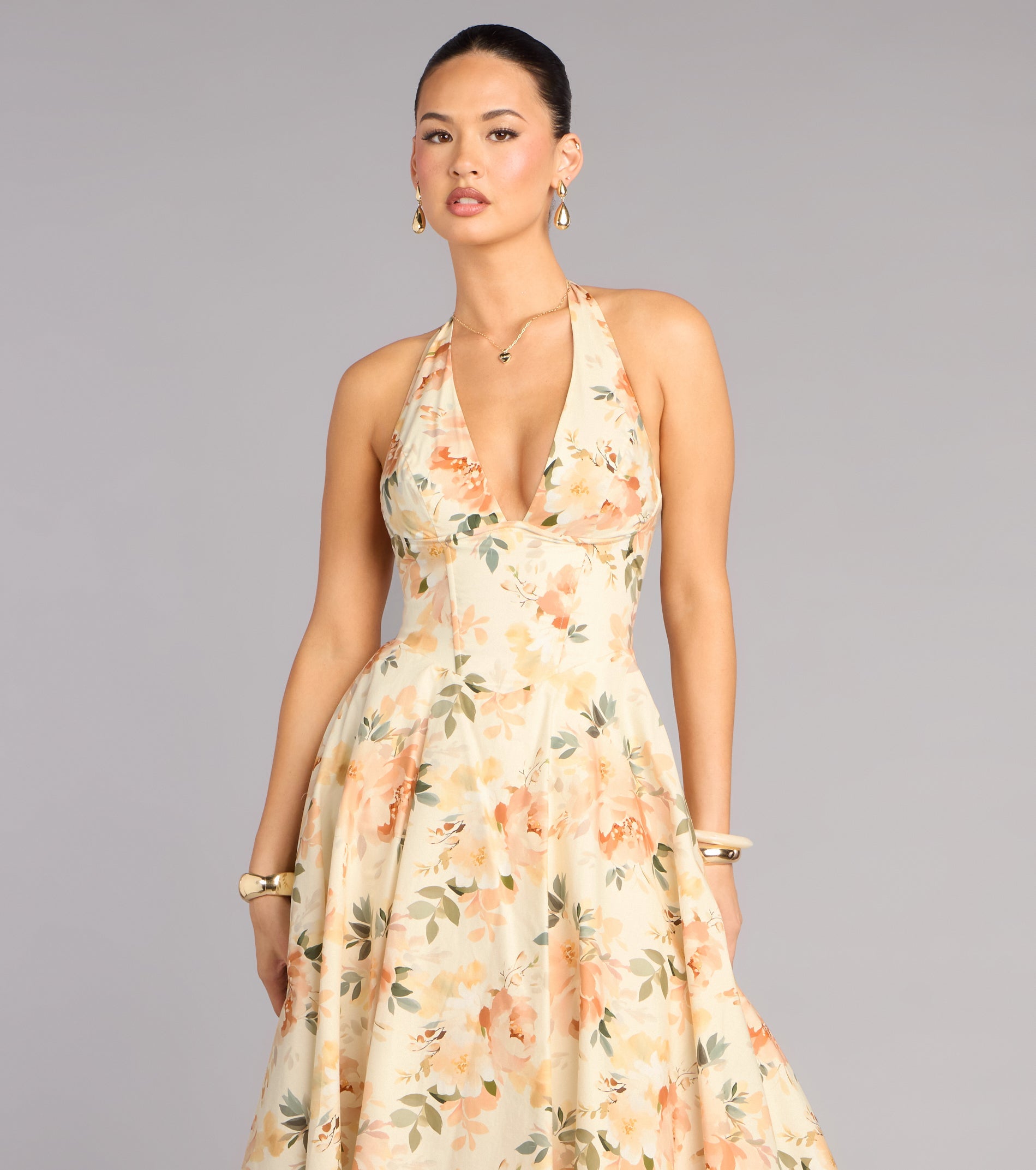 Set For Spring Halter Corset Floral Midi Dress