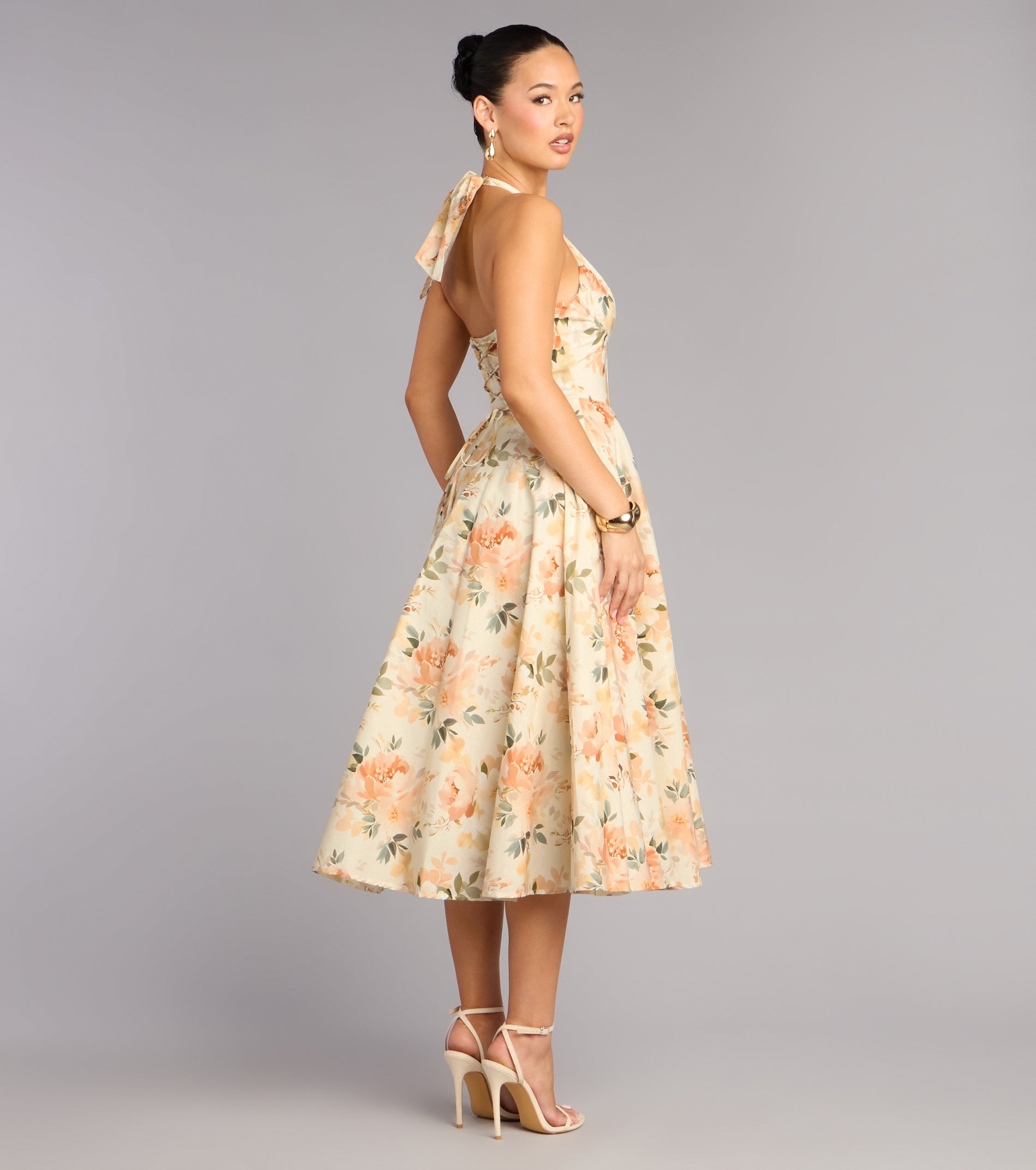 Set For Spring Halter Corset Floral Midi Dress