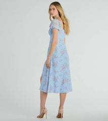 Forever Beauty Puff Sleeve Floral Chiffon Midi Dress
