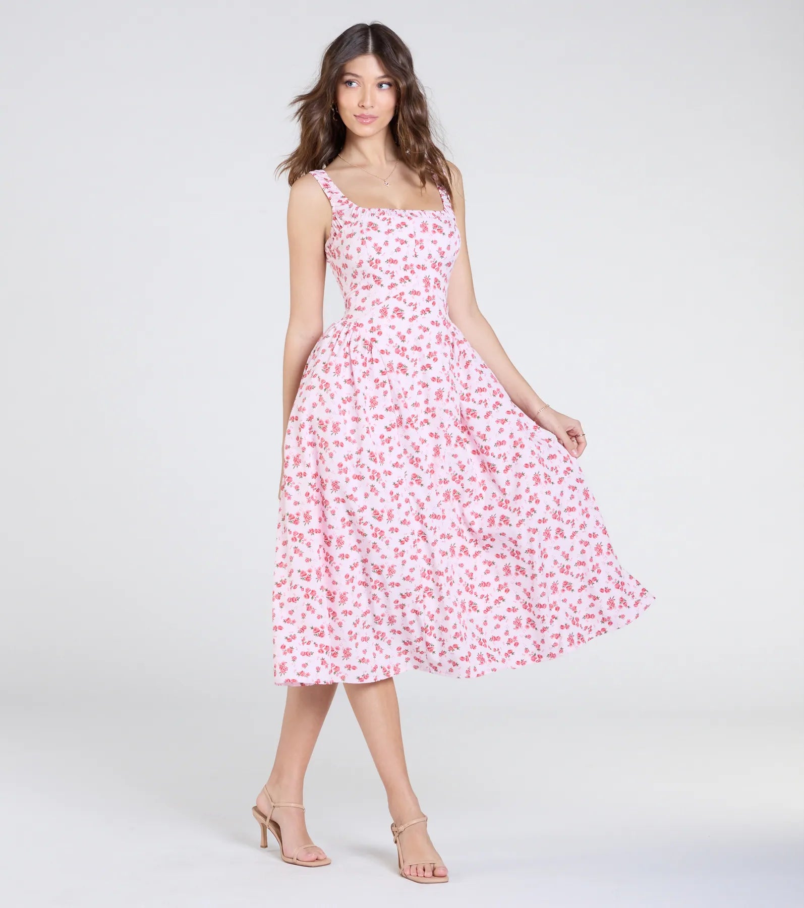 Sunshine Charm Rose Floral A-Line Midi Dress