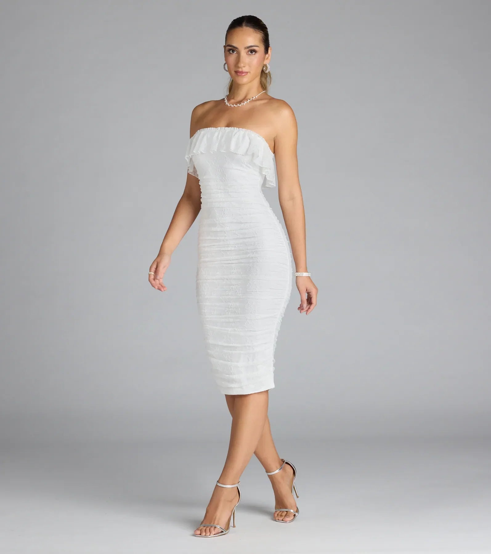 Effortless Beauty Strapless Ruffled Lace Midi Dress