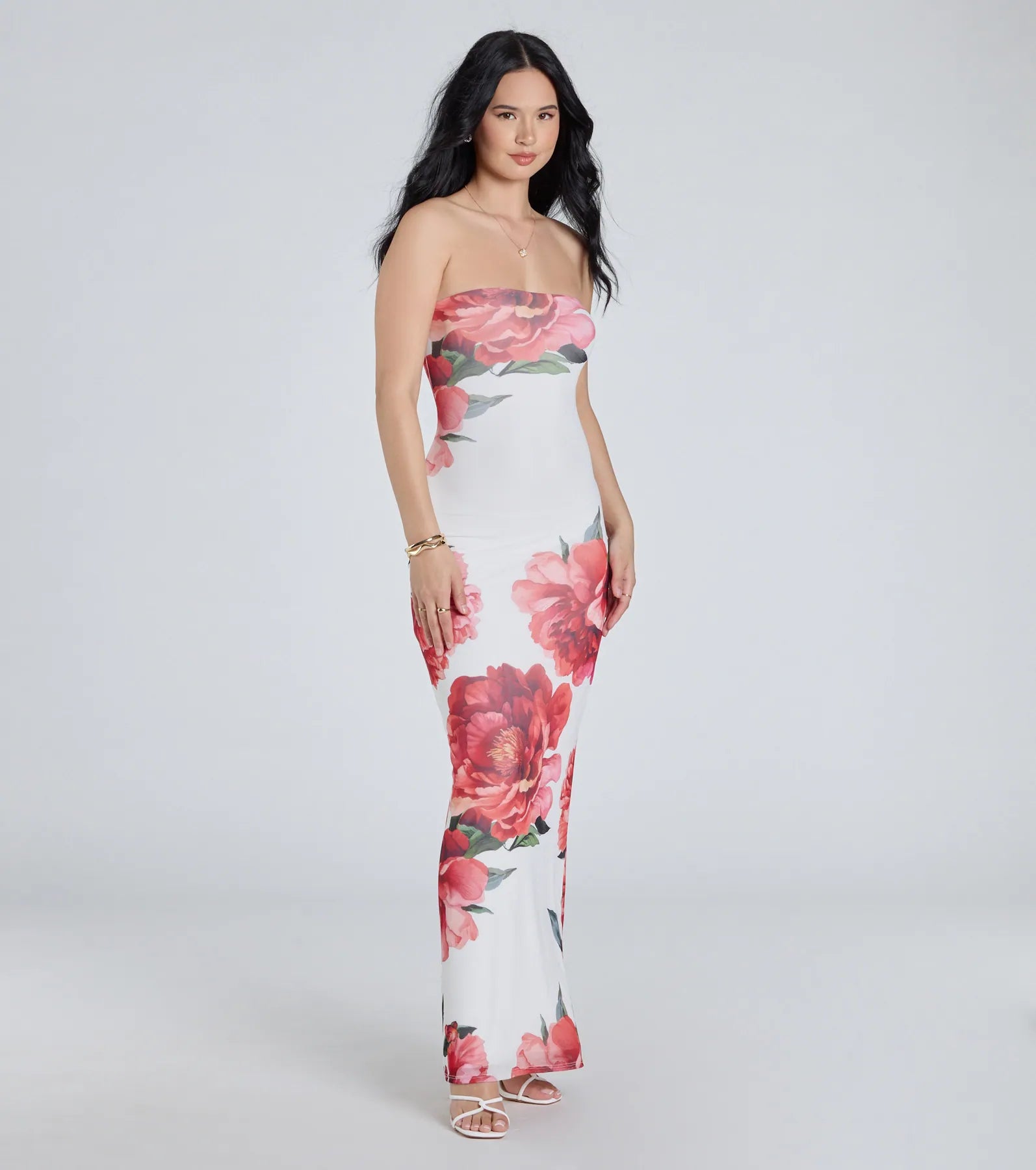 Bold Stunner Floral Mesh Strapless Maxi Dress