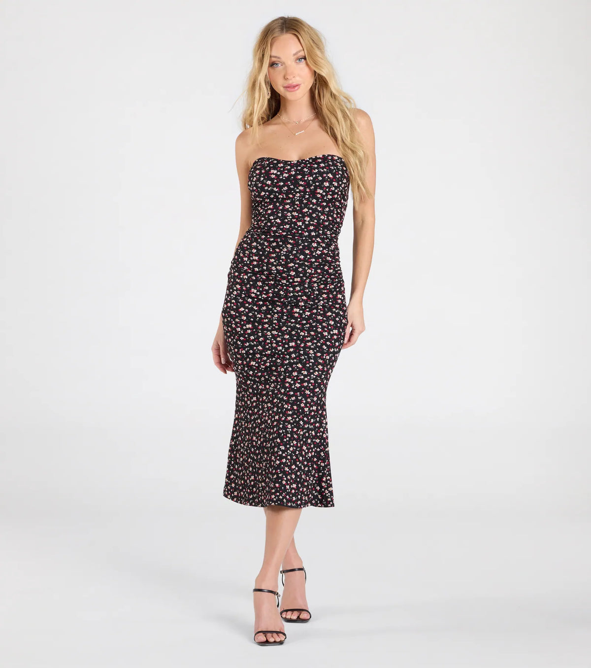 Sweetest Soul Strapless Floral Flare Midi Dress