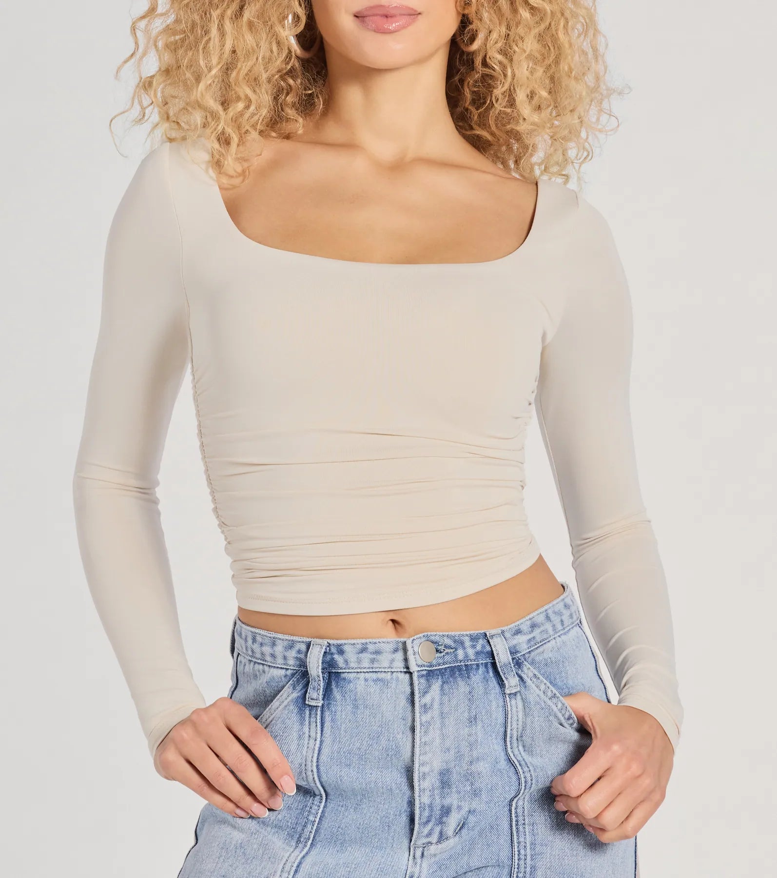 Elevated And Cute Long Sleeve Ruched Crop Top