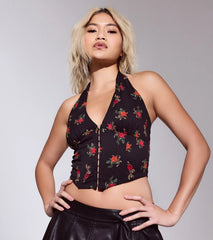Charming Ditsy Rose Lace-Up Halter Corset Top