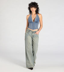 The New Classic Halter Lace-Up Denim Corset Top