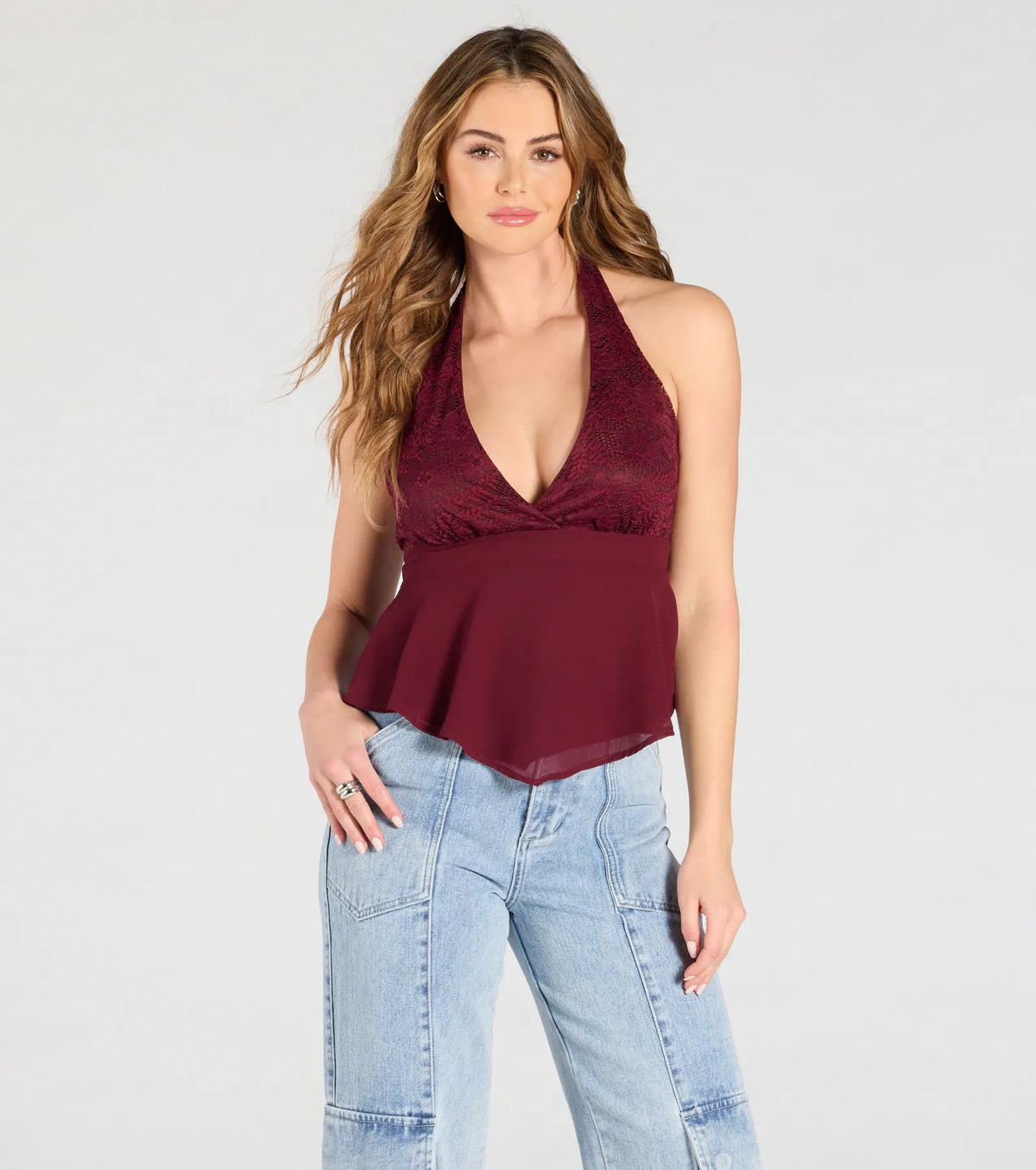 Chic Flowy Lace Chiffon Halter Top