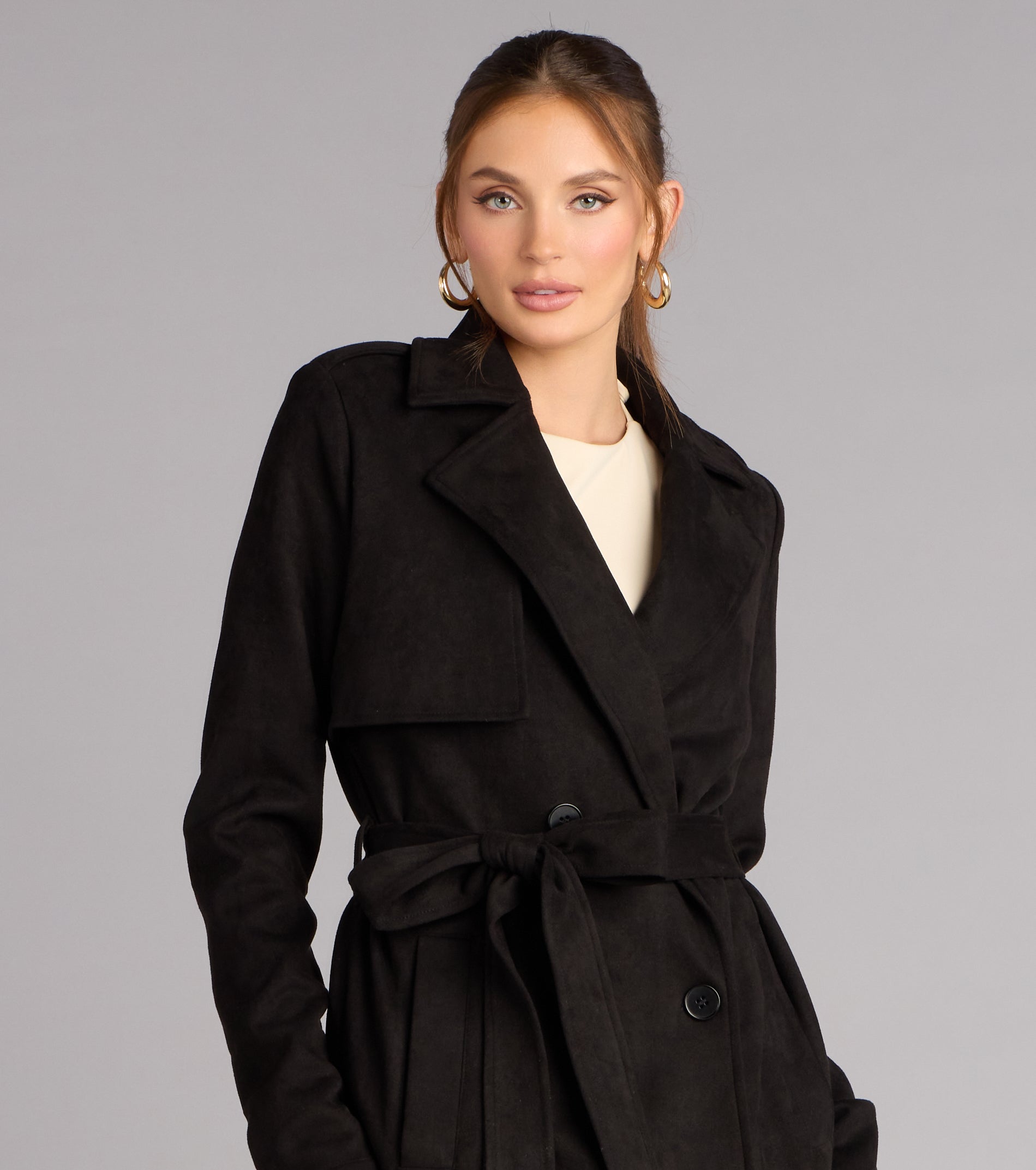 Eye For Style Belted Faux Suede Trench Coat