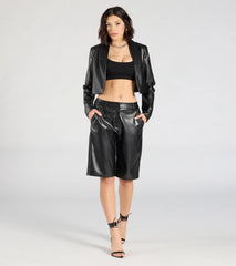 Chic Layer Faux Leather Cropped Blazer