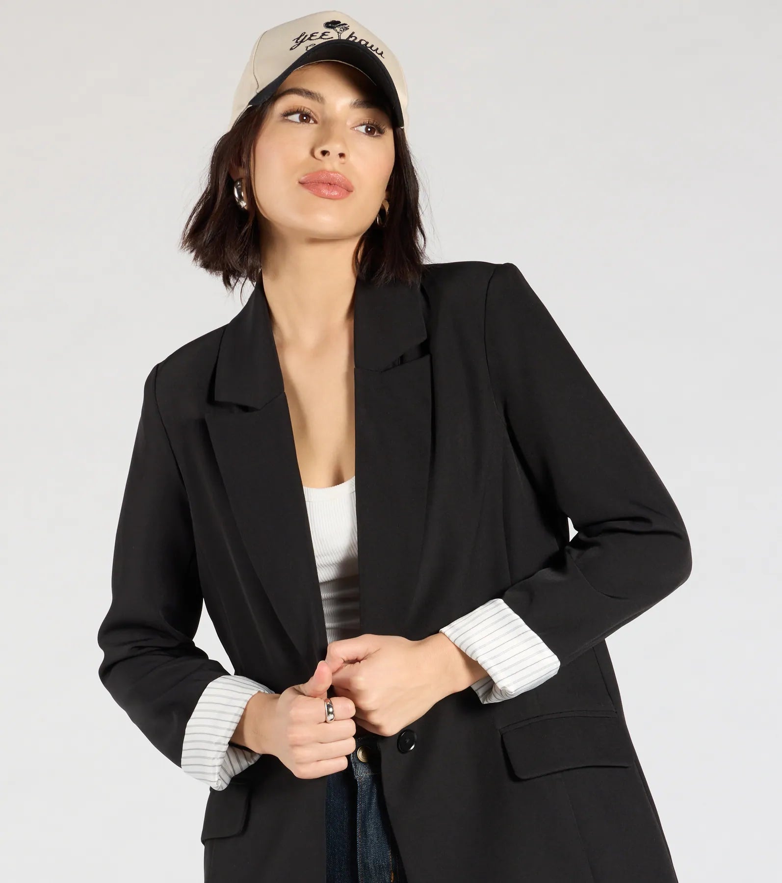 Official Business Striped Cuff Woven Blazer