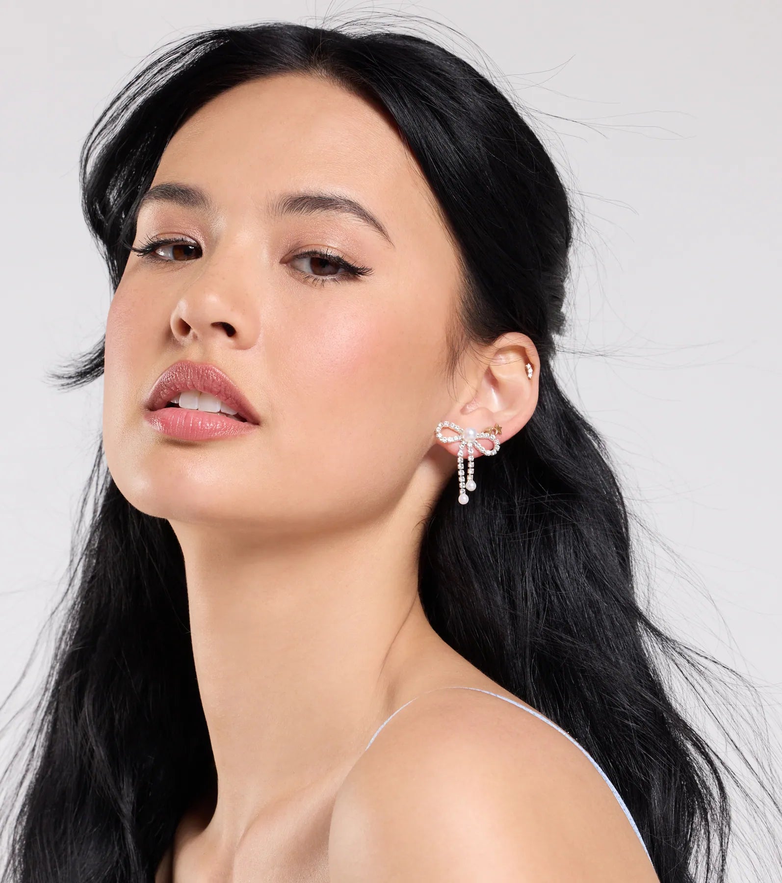 Perfect Glamour Faux Pearl Rhinestone Bow Earrings