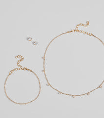 Delicate Glam Rhinestone Necklace, Bracelet, And Earrings Set