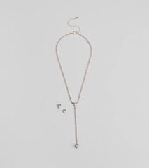 Simple Glitz Rhinestone Lariat Necklace And Stud Earrings Set