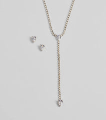 Simple Glitz Rhinestone Lariat Necklace And Stud Earrings Set