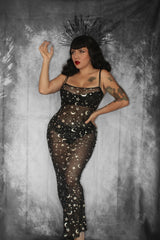 Sheer Hourglass Maxi Dress - Metallic Moon & Stars