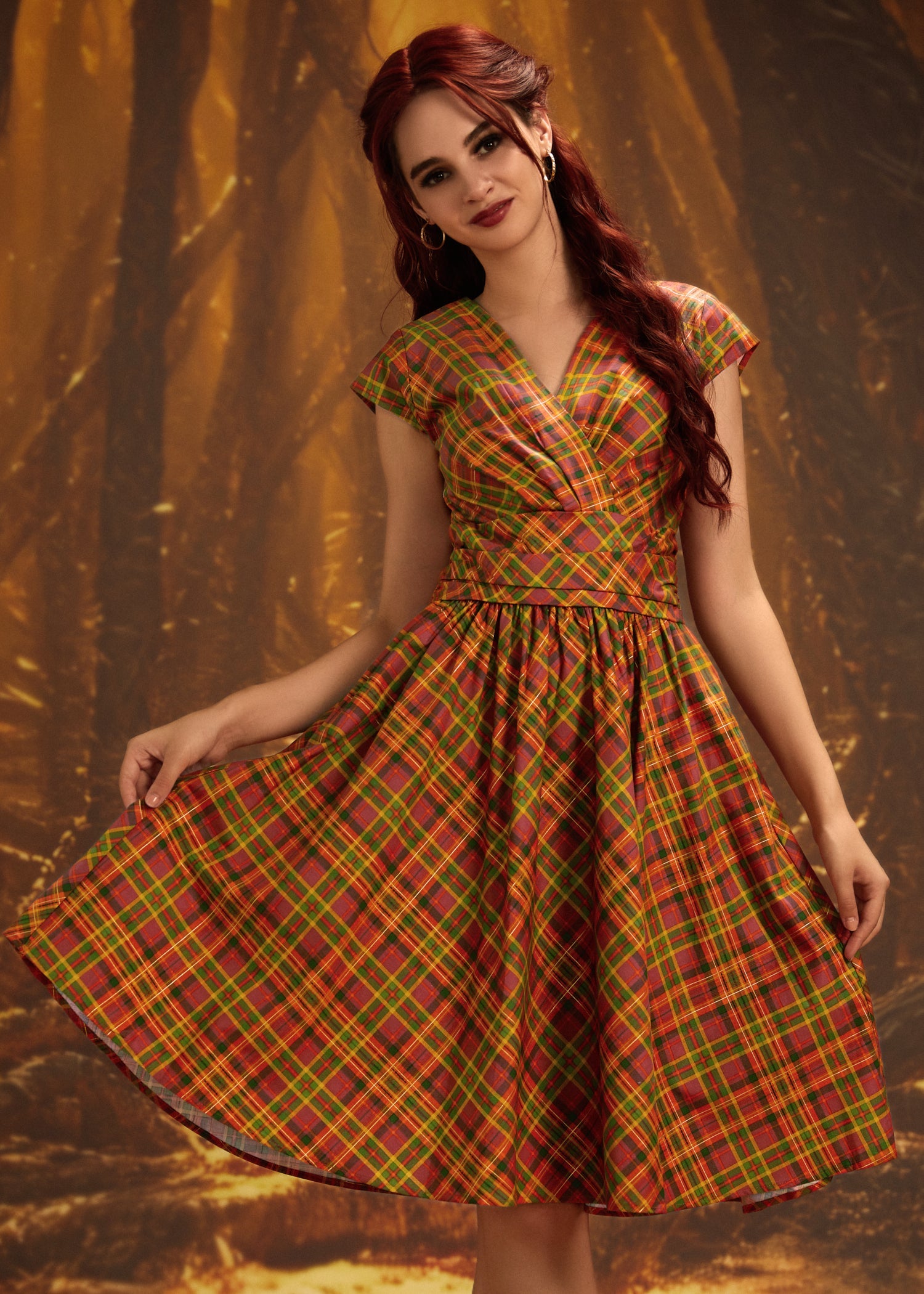 Greta Surplice Dress in Orange Plaid