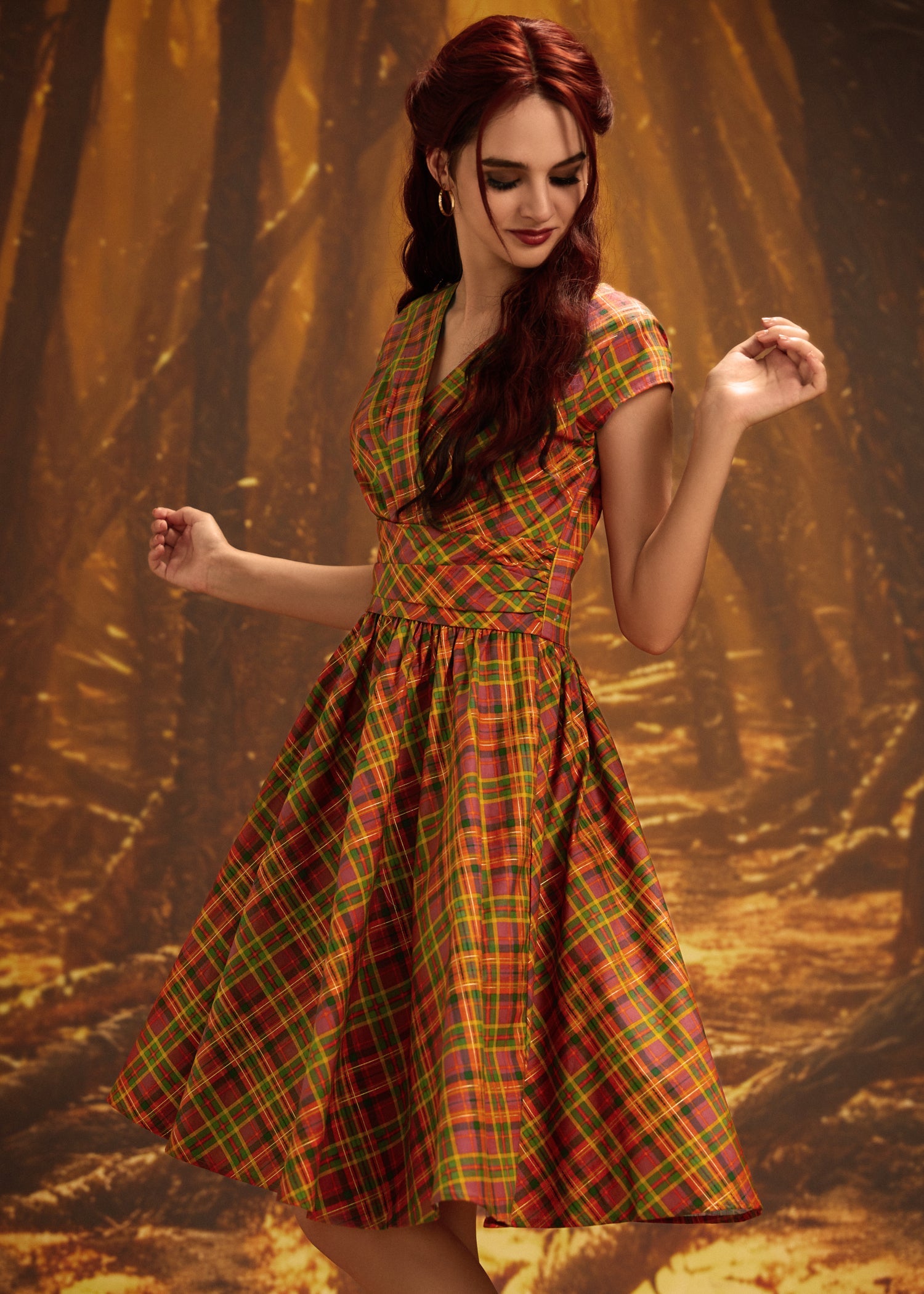 Greta Surplice Dress in Orange Plaid