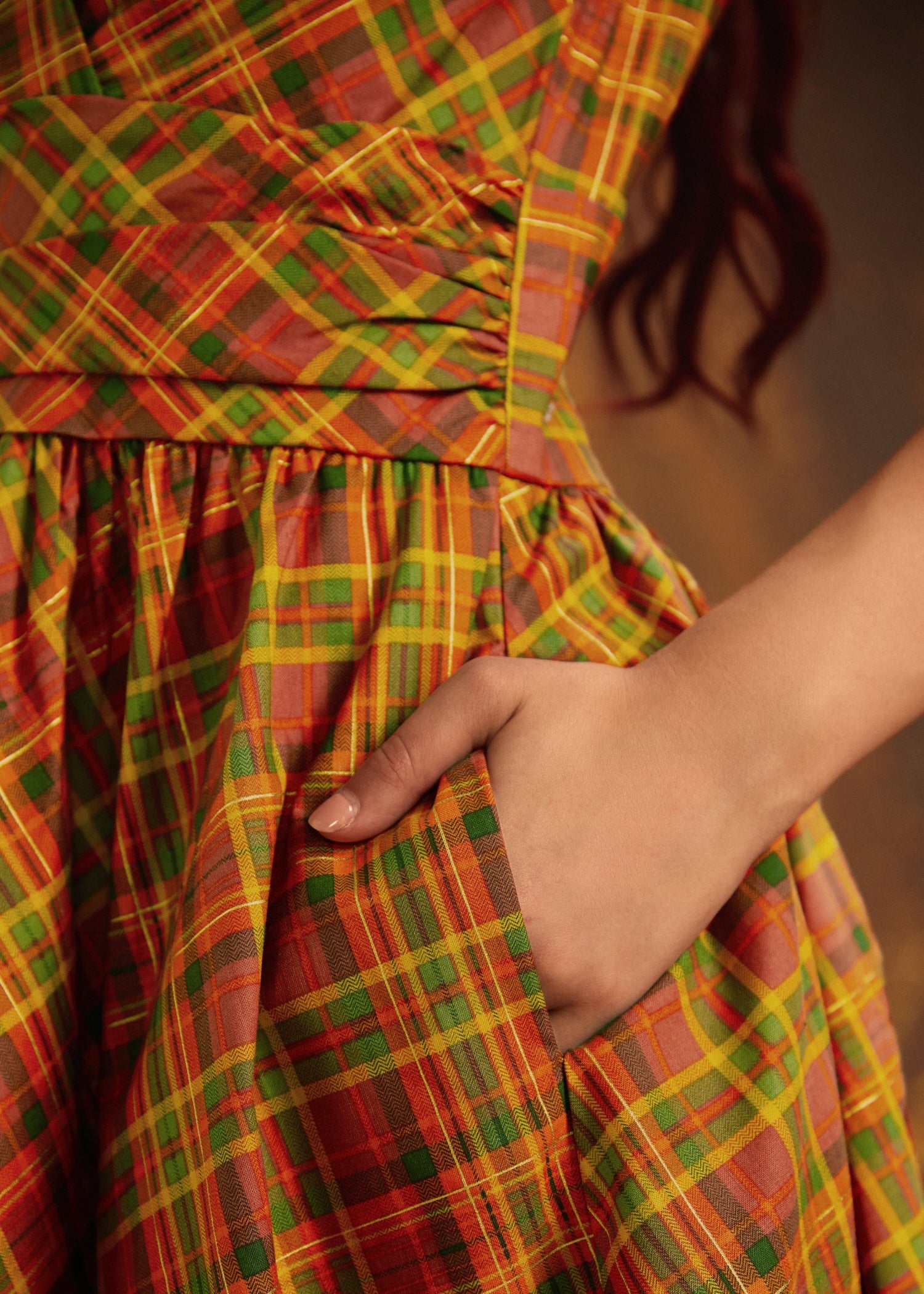 Greta Surplice Dress in Orange Plaid