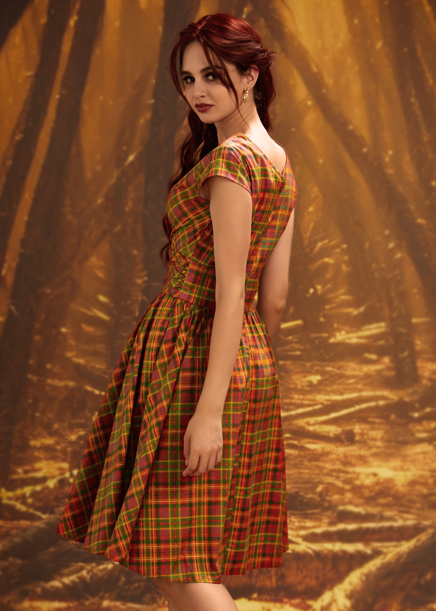 Greta Surplice Dress in Orange Plaid