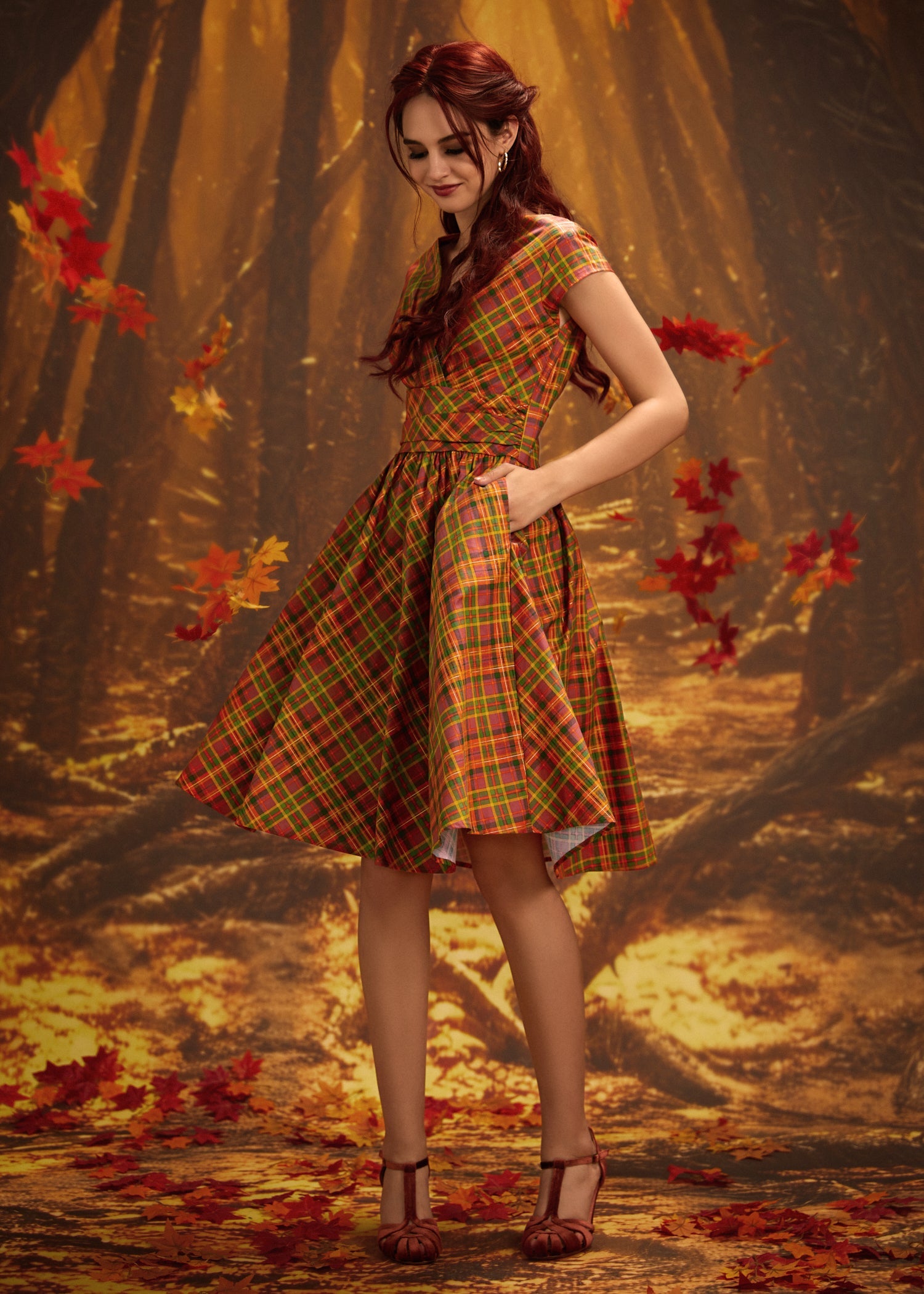 Greta Surplice Dress in Orange Plaid