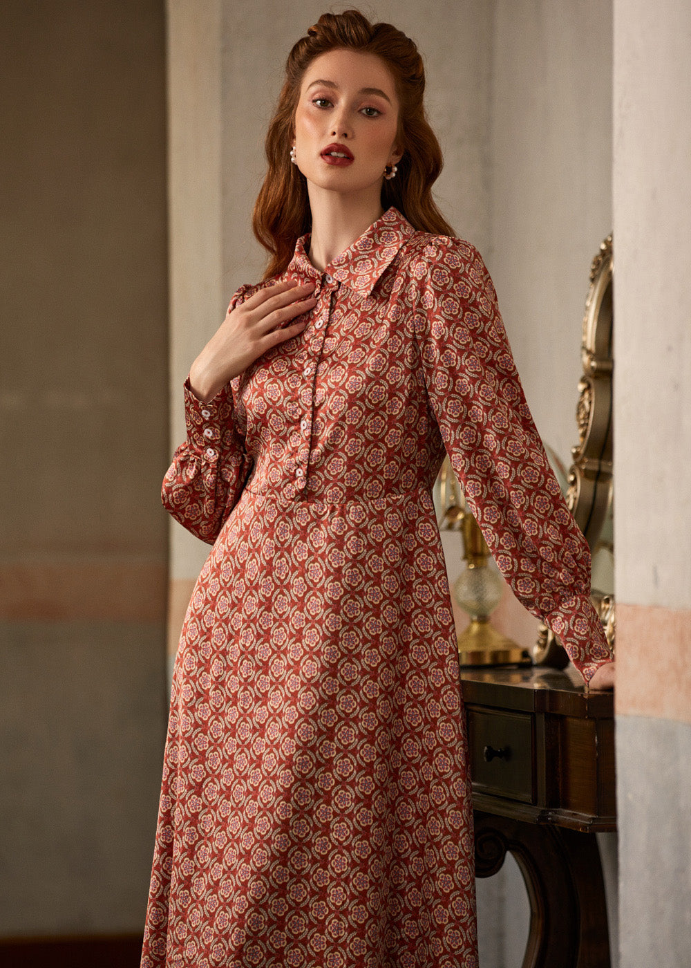 Romantic Era Button Front Midi Dress