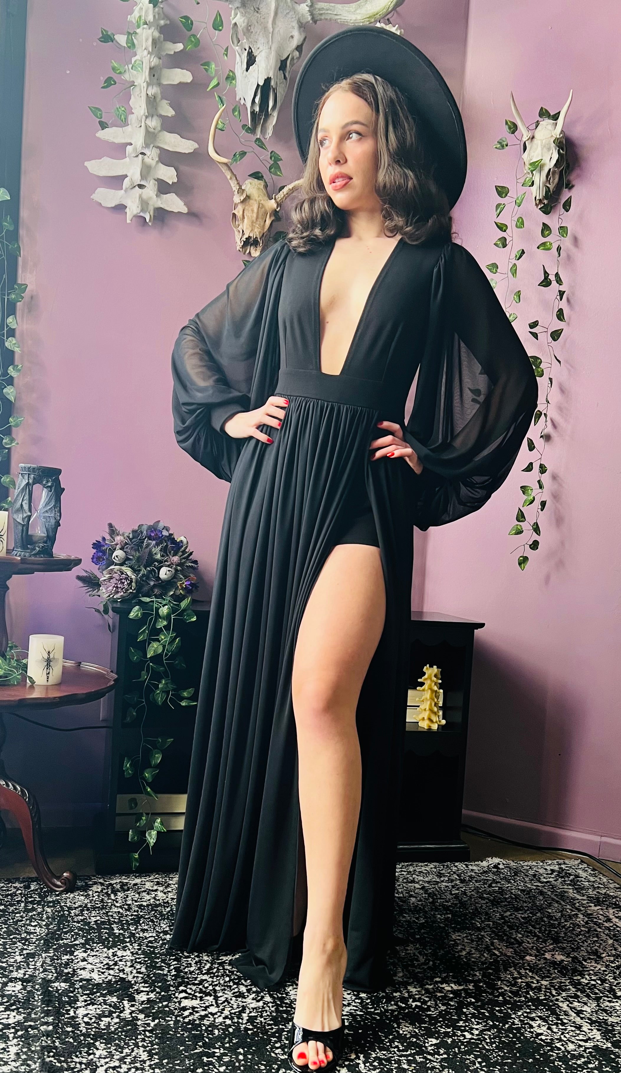 Minerva - Hauntingly Dramatic Mesh Maxi Dress with Built In Shorts