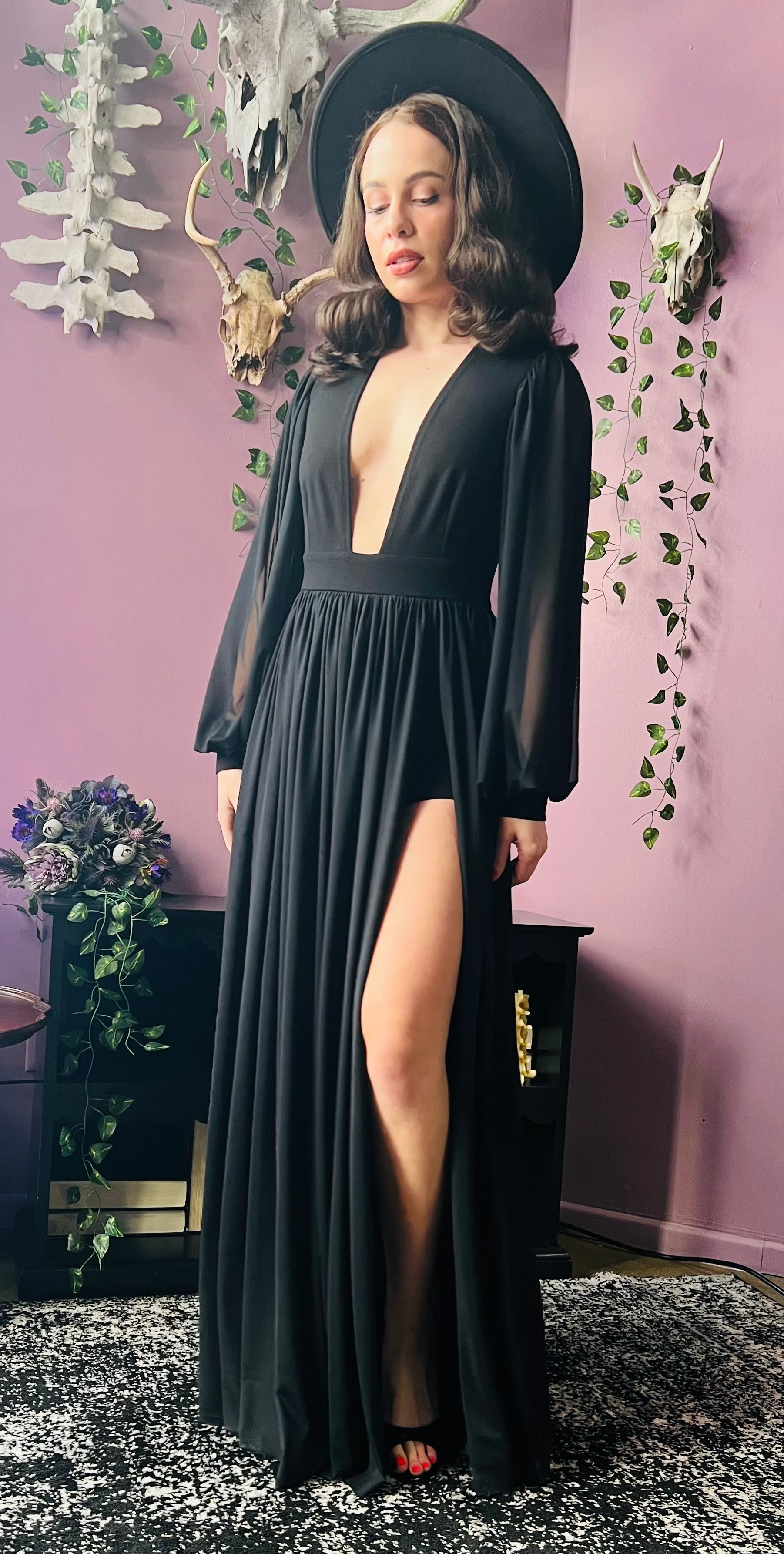 Minerva - Hauntingly Dramatic Mesh Maxi Dress with Built In Shorts