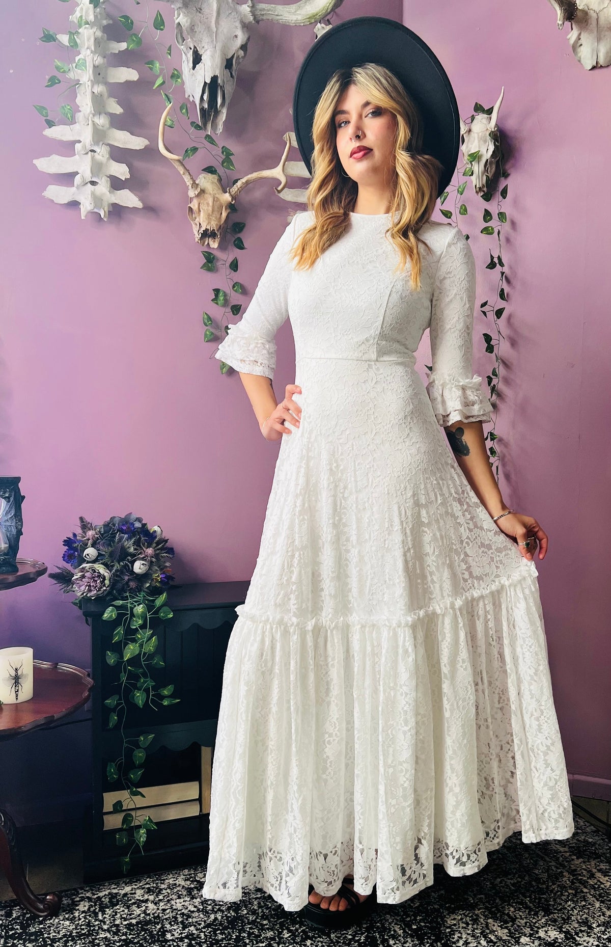 Mina - Ivory Floral Lace Bride of the Vampire Maxi Dress