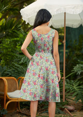 Retro Fit & Flare Dress Floral Cats