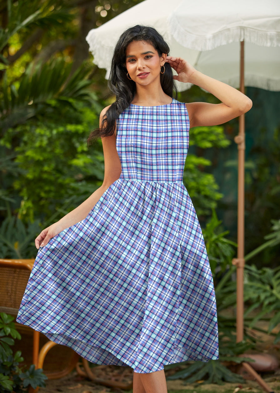 50s Style Cotton Midi Swing Dress - Plaid Blue