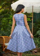 50s Style Cotton Midi Swing Dress - Plaid Blue