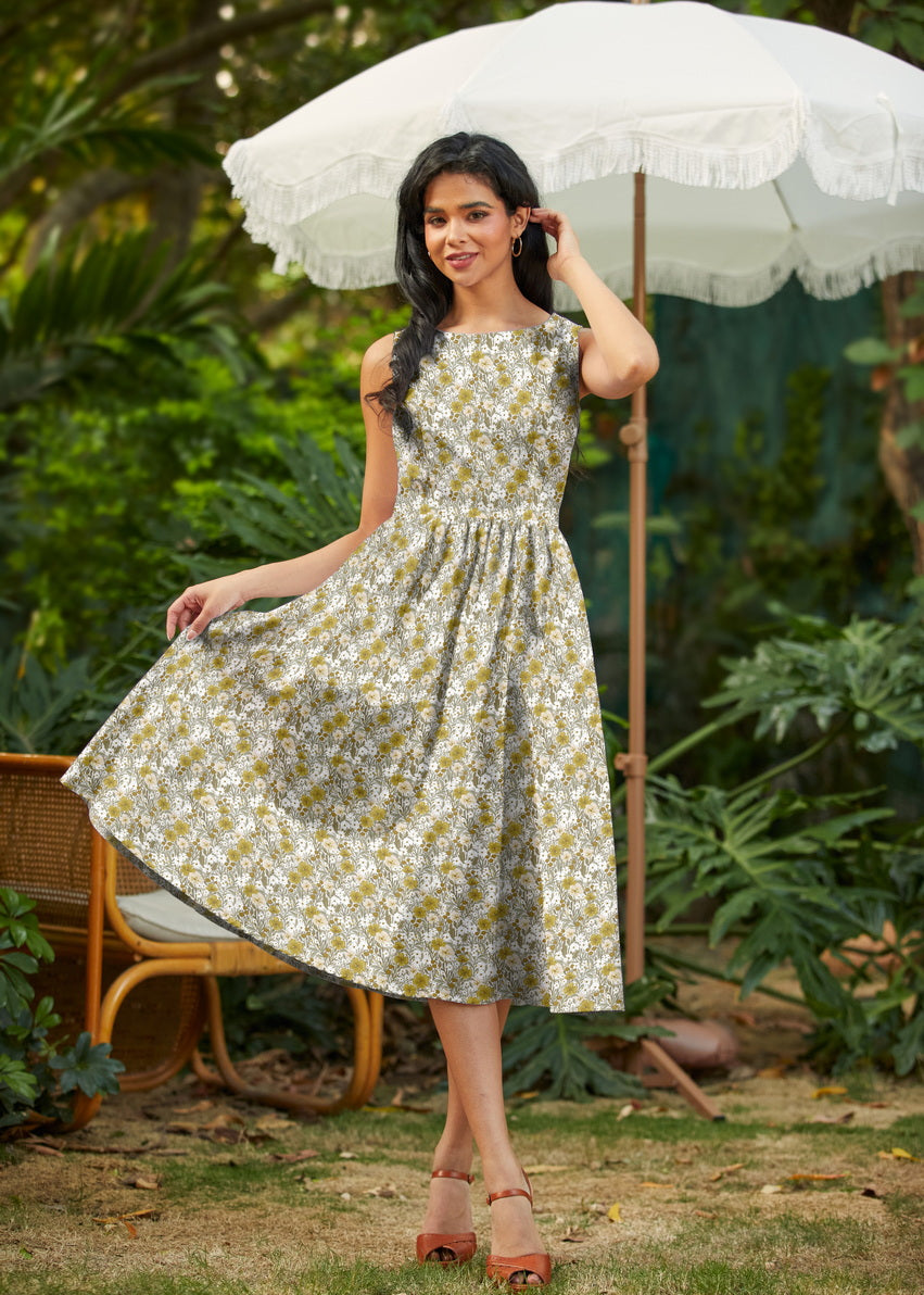 50s Style Cotton Midi Swing Dress - Mustard Floral