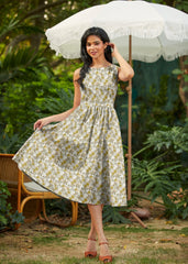 50s Style Cotton Midi Swing Dress - Mustard Floral