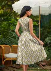 50s Style Cotton Midi Swing Dress - Mustard Floral