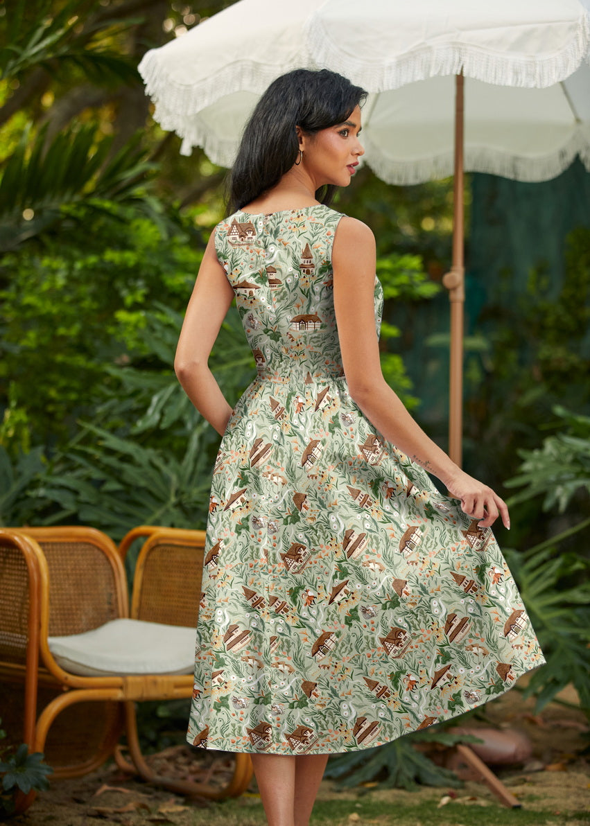 50s Style Cotton Midi Swing Dress - Cottage Tales