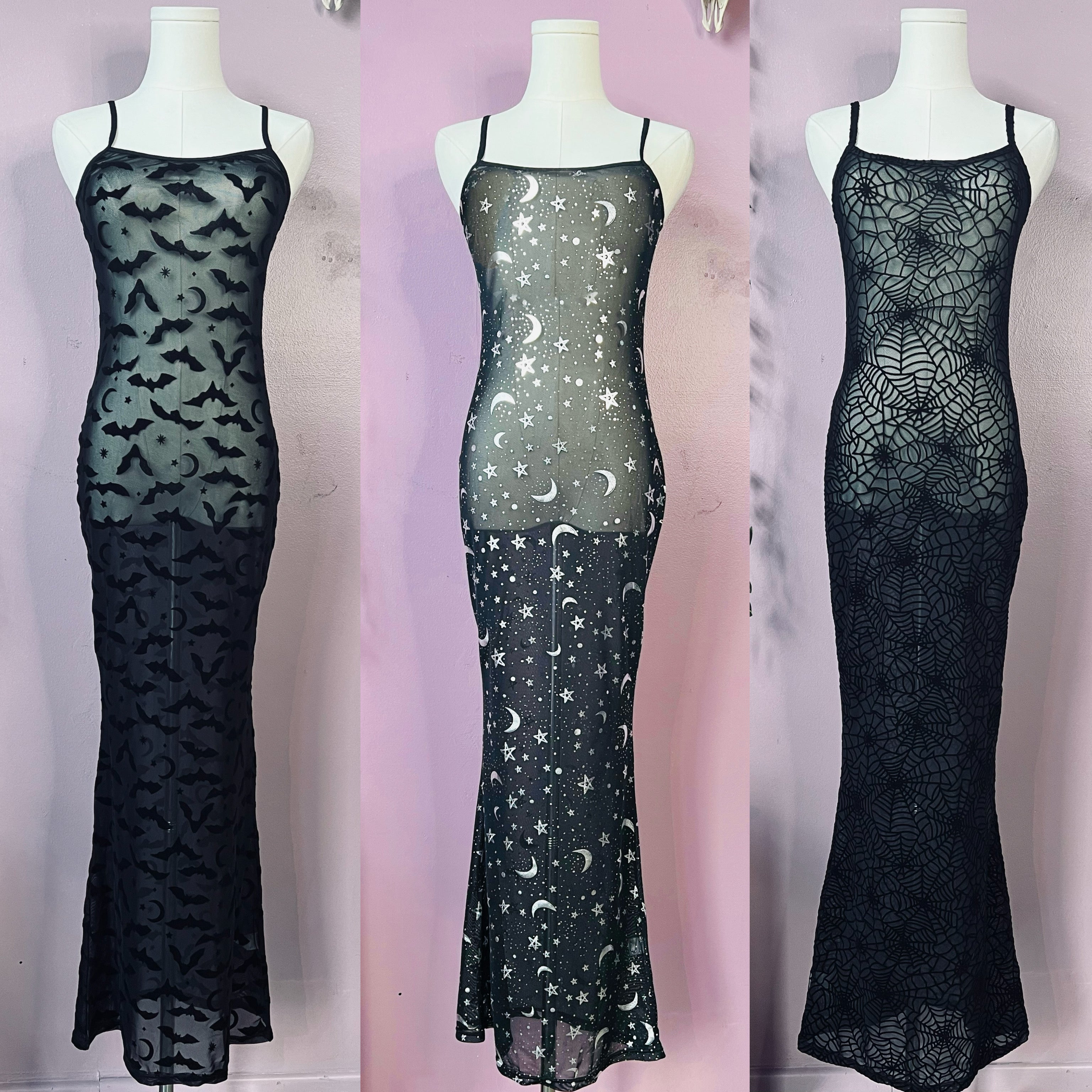 Sheer Hourglass Maxi Dress - Velvet Flocked Bats